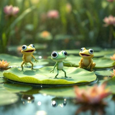 The image features three green frogs sitting on a lily pad in a pond. They are positioned in a way that they appear to be looking at the camera. The lily pad is large and occupies a significant portion of the scene. The pond is surrounded by a vibrant green environment, which adds to the overall atmosphere of the image. The visual style of the image is a combination of photo and digital art, creating a realistic yet artistic representation of the scene.